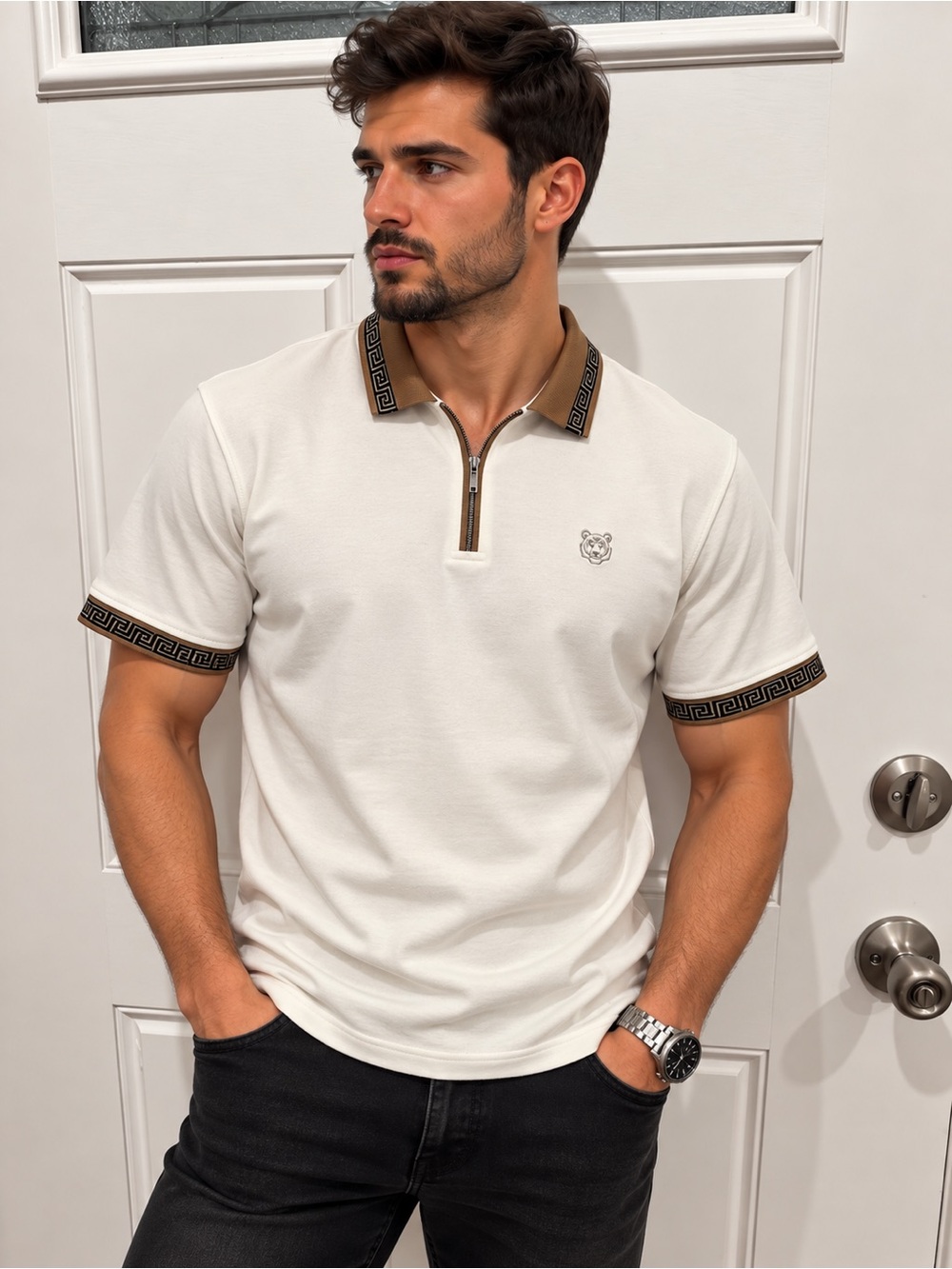 Cactus Cream Polo with Brown Trim and Zip Neck